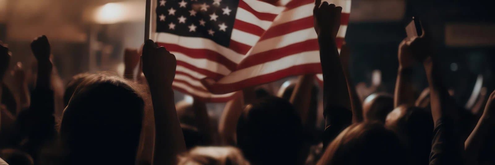 Supporters at an American rally, with the flag raised