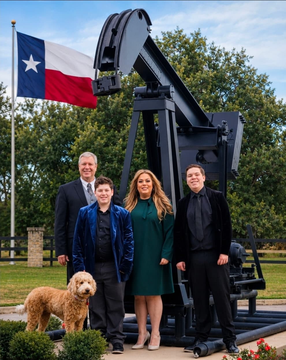 Julie Pickren with her family in Texas, with the Texas flag behind them